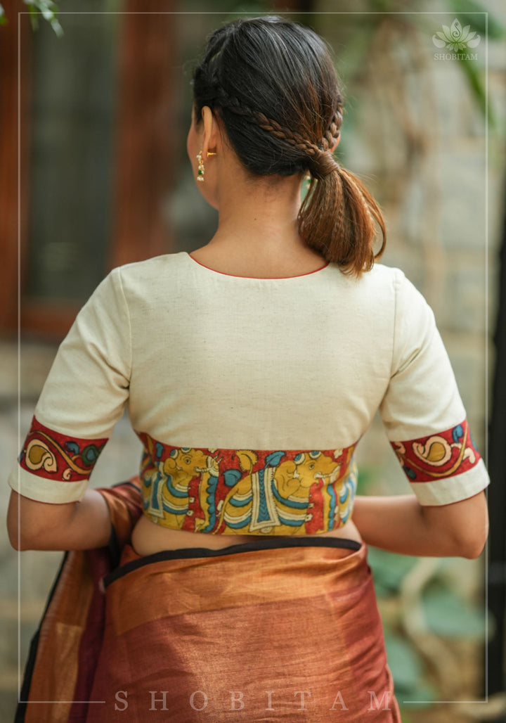 Daisy white V neck blouse with handpainted kalamkari border