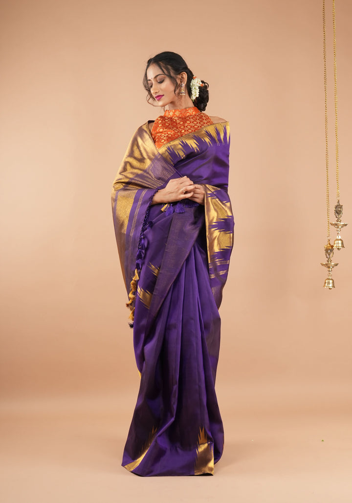 Dark Purple  tone  Kanjivaram Silk Saree with Antique gold Zari Temple border | SILK MARK CERTIFIED