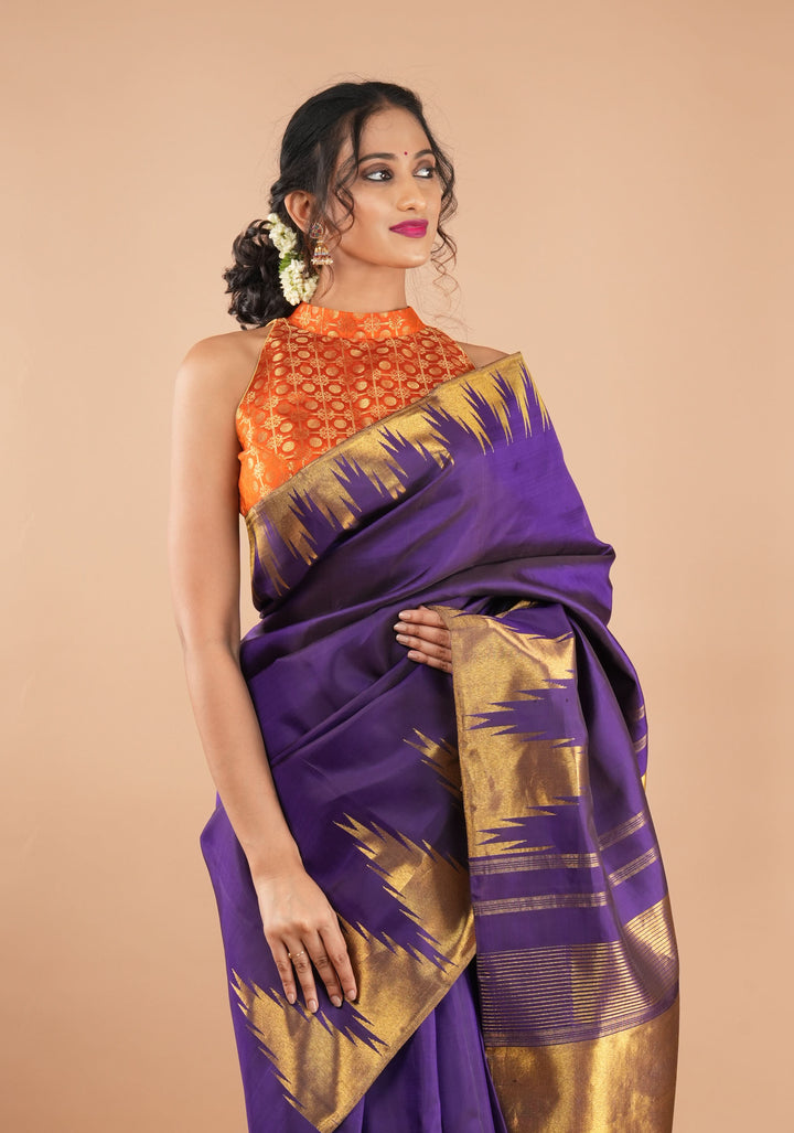 Dark Purple  tone  Kanjivaram Silk Saree with Antique gold Zari Temple border | SILK MARK CERTIFIED