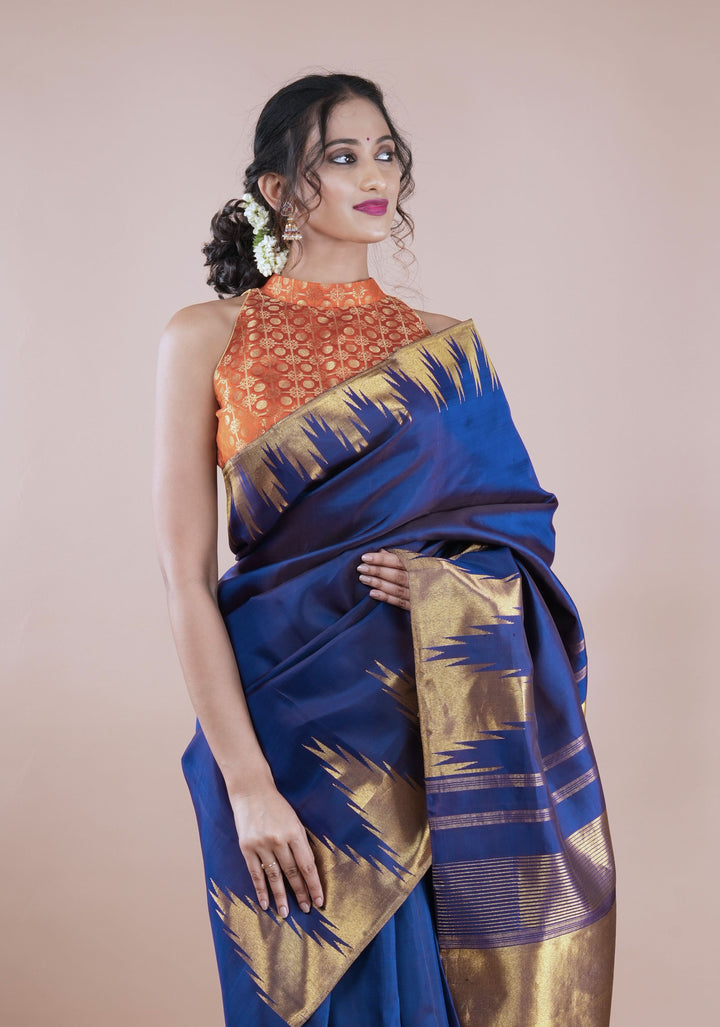 Royal Blue Kanjivaram Pure Silk Saree with golden Zari Temple border | SILK MARK CERTIFIED