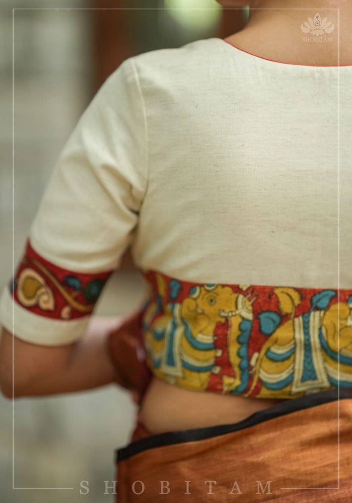Daisy white V neck blouse with handpainted kalamkari border