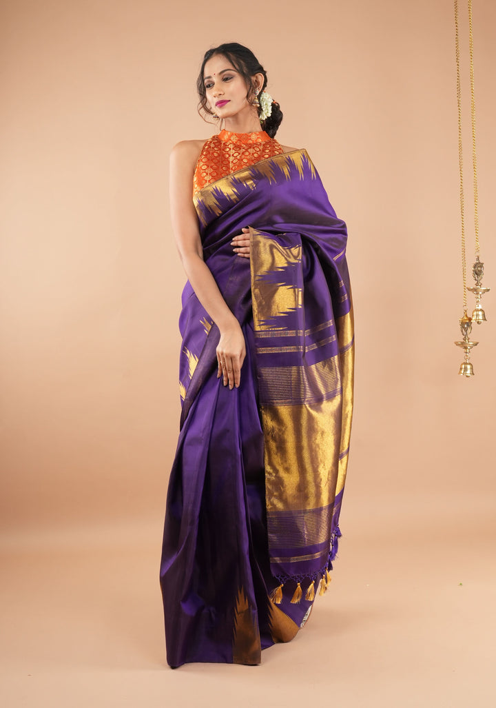 Dark Purple  tone  Kanjivaram Silk Saree with Antique gold Zari Temple border | SILK MARK CERTIFIED