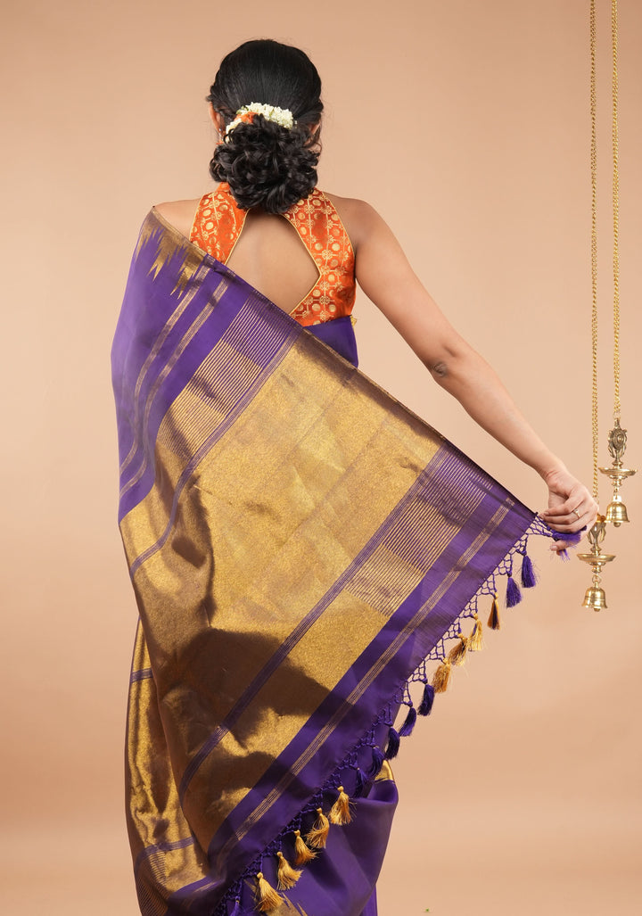 Dark Purple  tone  Kanjivaram Silk Saree with Antique gold Zari Temple border | SILK MARK CERTIFIED