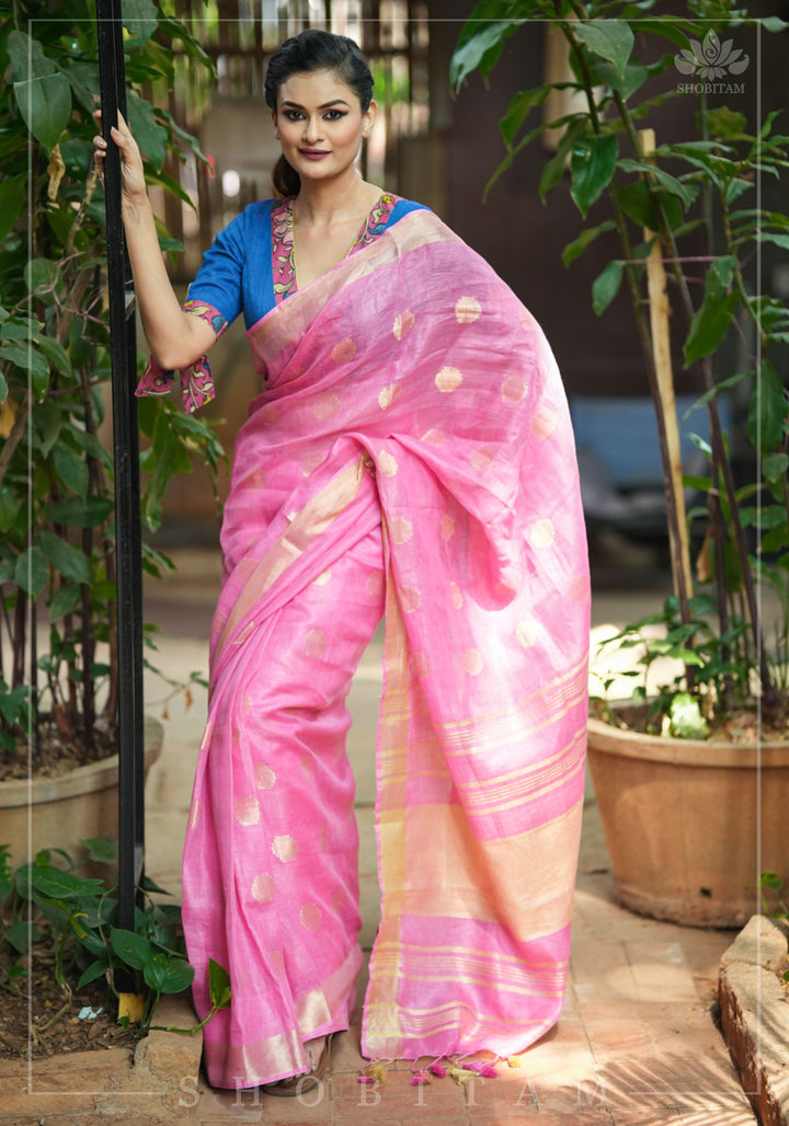 Carnation Pink Linen Saree with Polka Dots Weave | Shobitam Saree