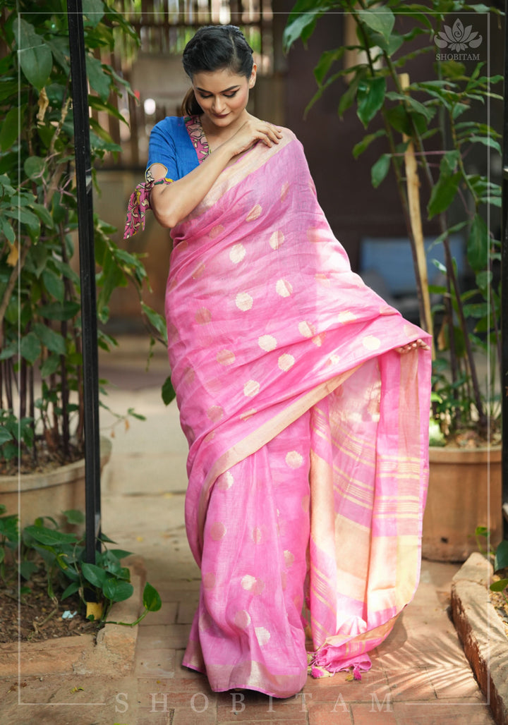 Carnation Pink Linen Saree with Polka Dots Weave | Shobitam Saree