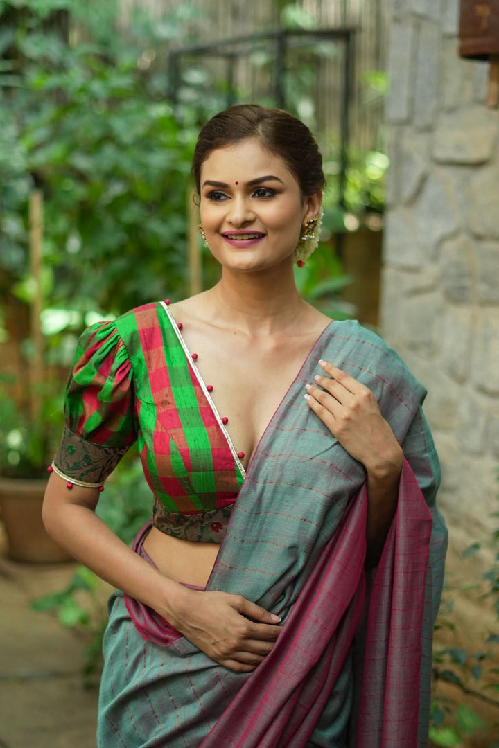 Green red checked pure rawsilk Deep v neck blouse & brocade border