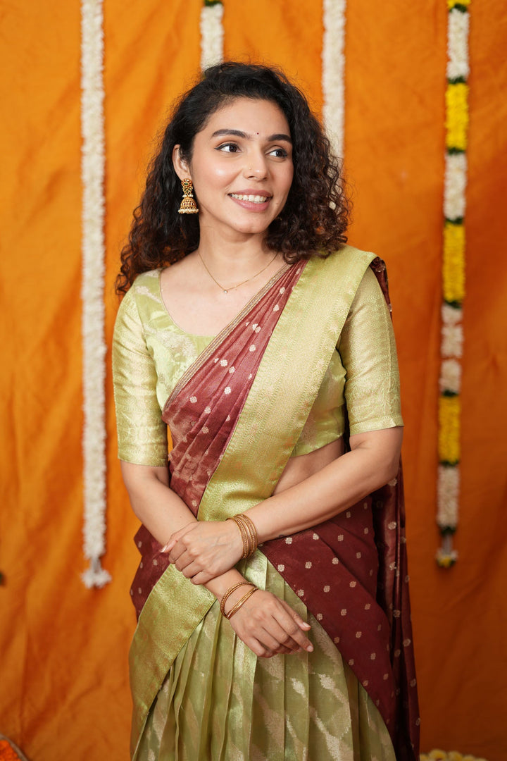 Aalaya Green with Maroon Banarasi Half Saree Set | SHOBITAM