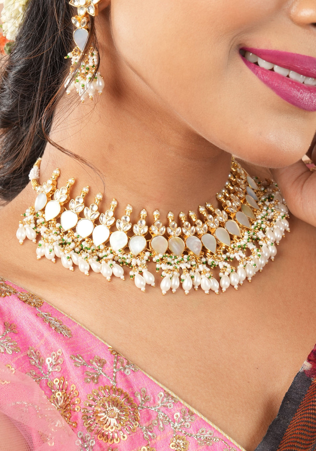 Ahmedabadi Jadau Mother of Pearls choker Set | Shobitam Jewelry