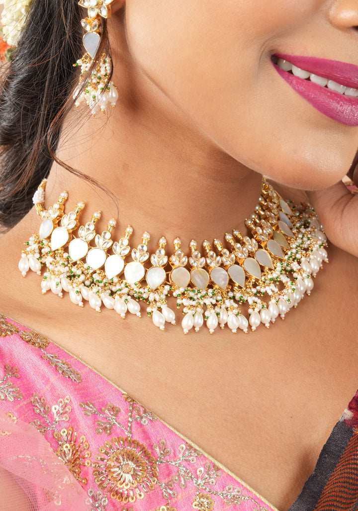 Ahmedabadi Jadau Mother of Pearls choker Set | Shobitam Jewelry