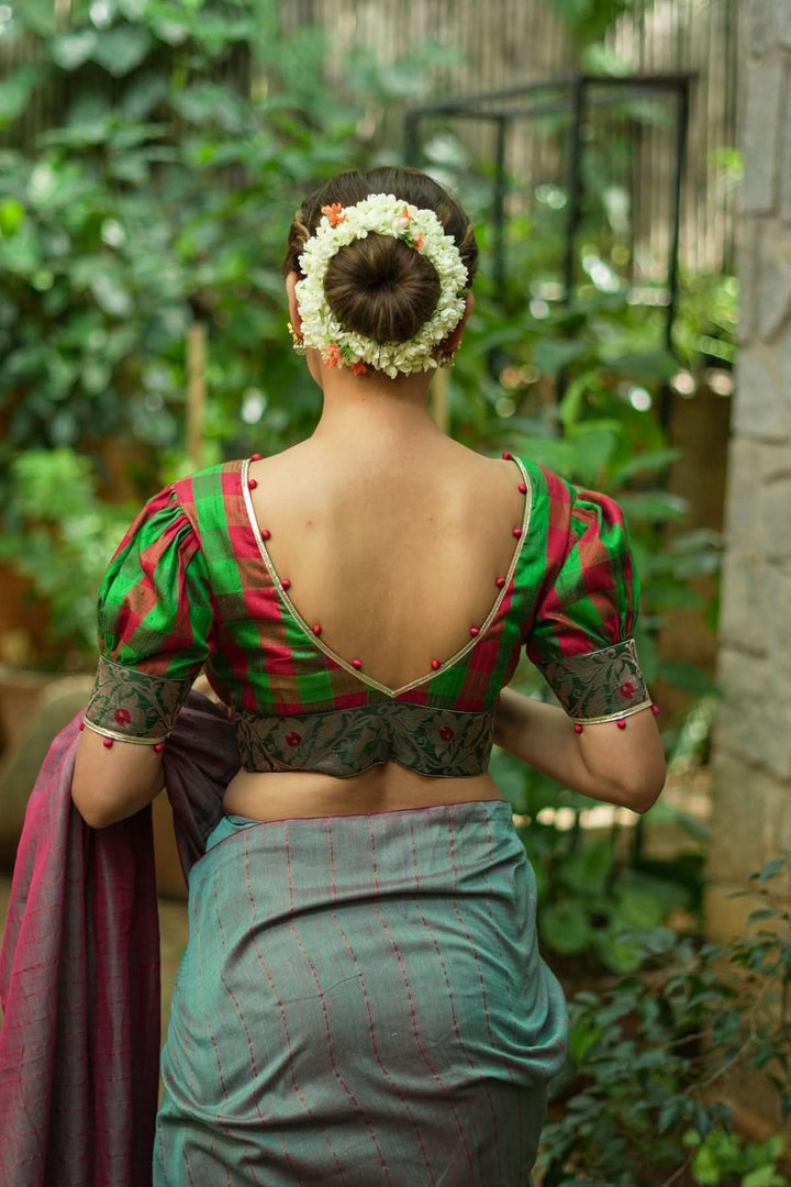 Green red checked pure rawsilk Deep v neck blouse & brocade border