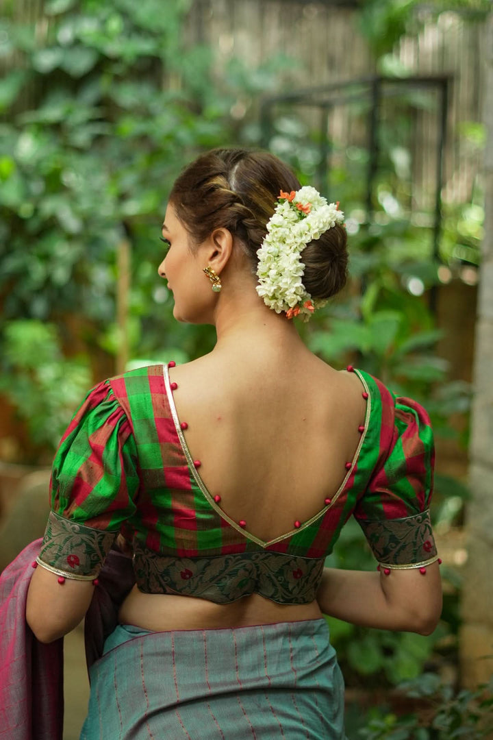 Green red checked pure rawsilk Deep v neck blouse & brocade border