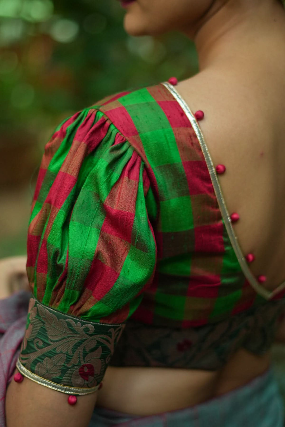 Green red checked pure rawsilk Deep v neck blouse & brocade border