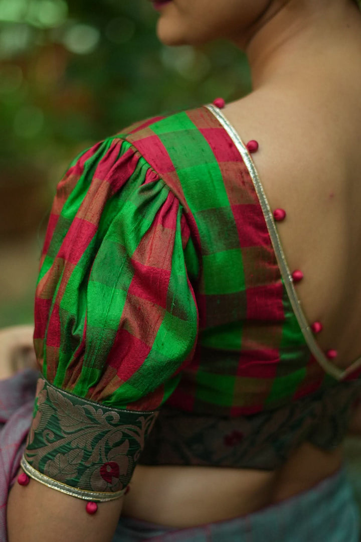 Green red checked pure rawsilk Deep v neck blouse & brocade border