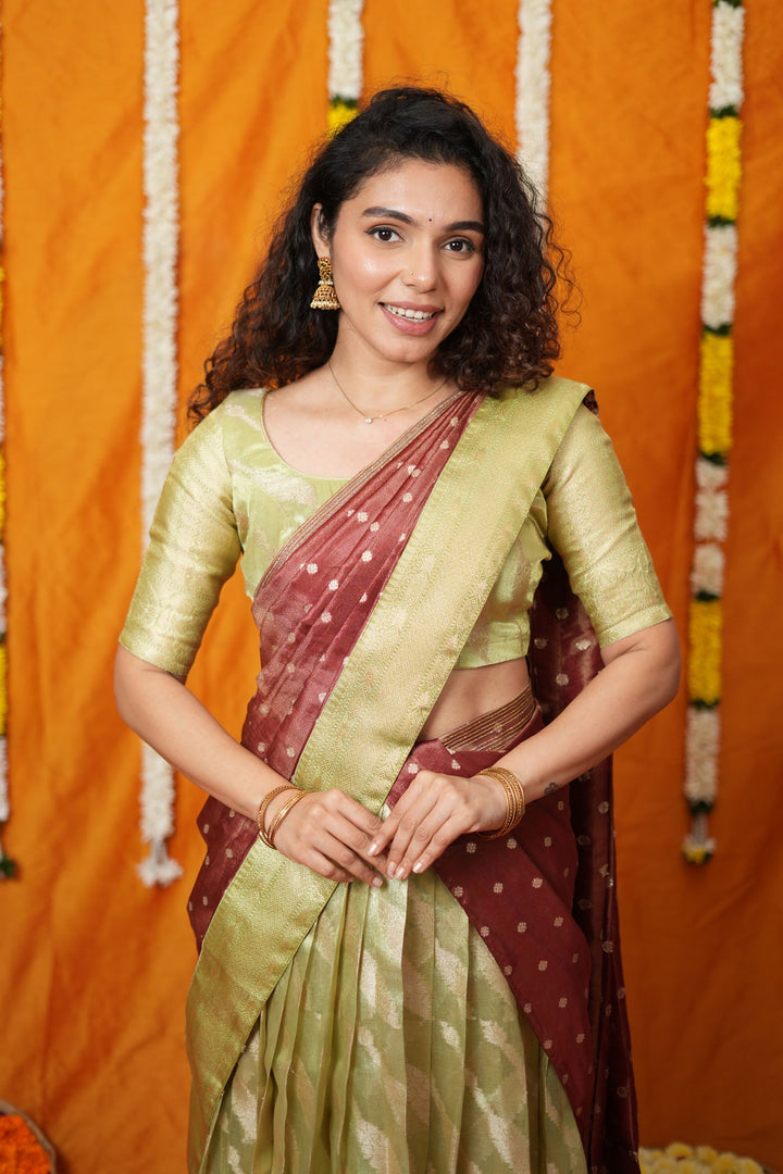 Aalaya Green with Maroon Banarasi Half Saree Set | SHOBITAM