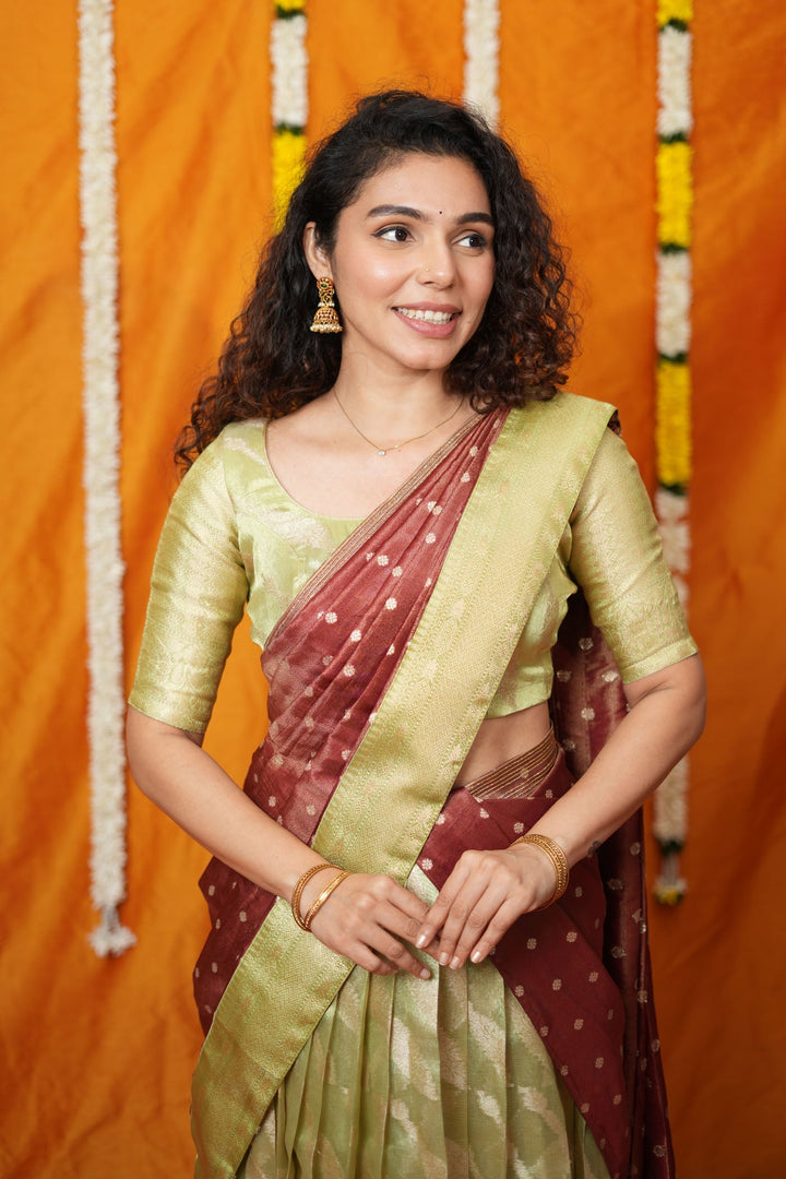 Aalaya Green with Maroon Banarasi Half Saree Set | SHOBITAM
