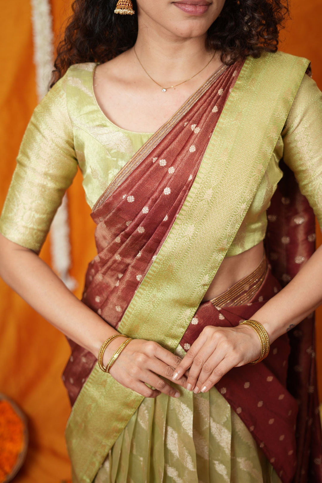 Aalaya Green with Maroon Banarasi Half Saree Set | SHOBITAM