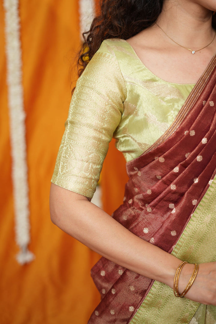 Aalaya Green with Maroon Banarasi Half Saree Set | SHOBITAM