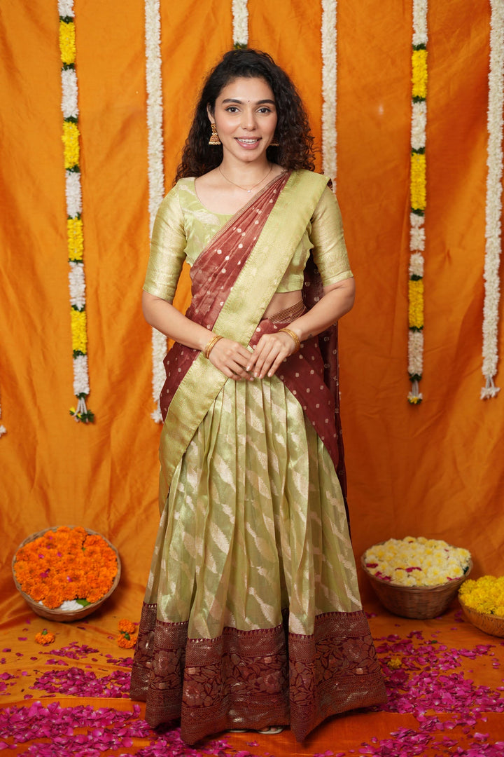 Aalaya Green with Maroon Banarasi Half Saree Set | SHOBITAM