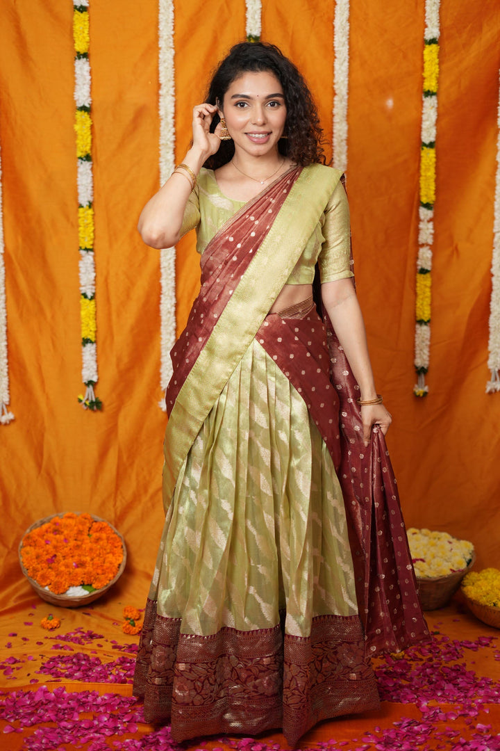Aalaya Green with Maroon Banarasi Half Saree Set | SHOBITAM