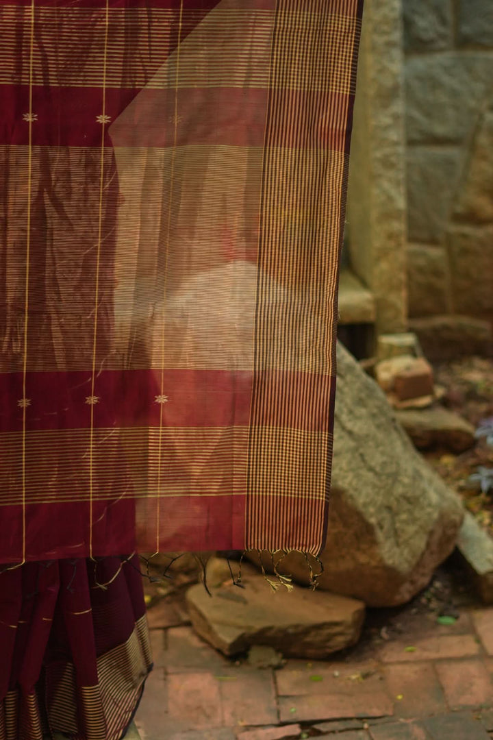 Maheshwari Silk Cotton Saree in Maroon with Stripes and Buttas