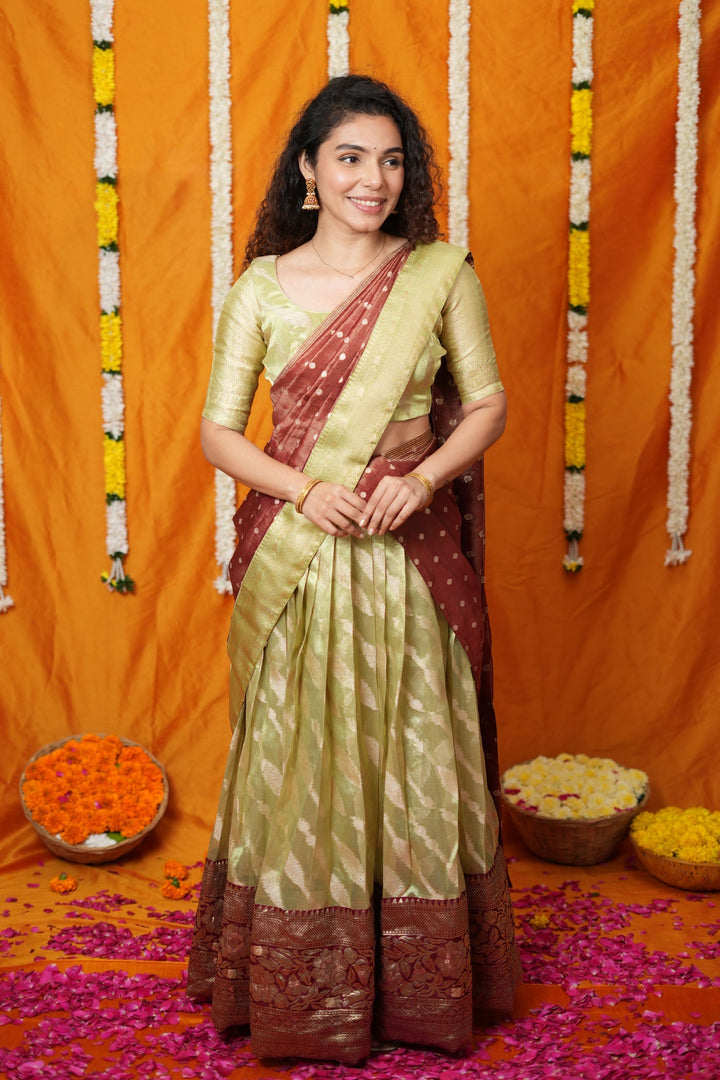 Aalaya Green with Maroon Banarasi Half Saree Set | SHOBITAM