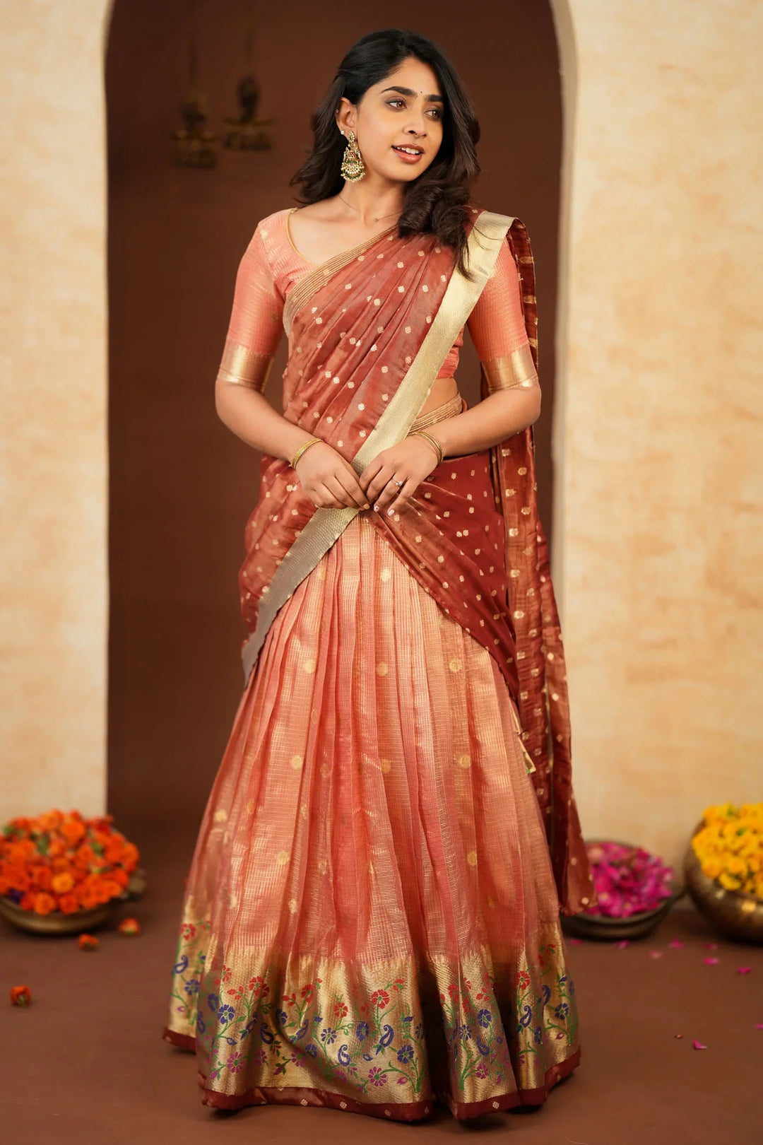 Gargi Peach Half Saree (Set of 3) | Made To Order