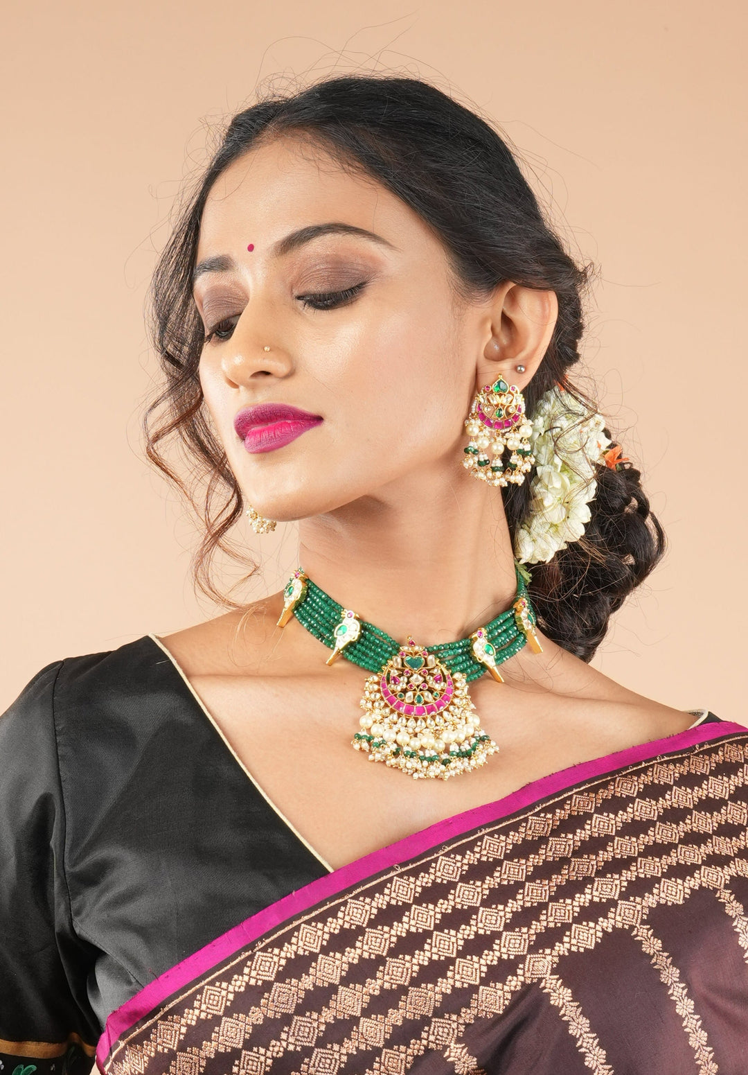 Ahmedabadi Green Stone  Multistrand necklace set with peacock units  | Shobitam Jewelry