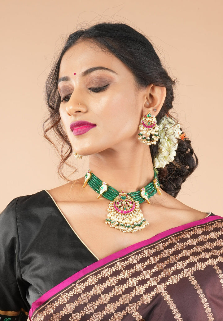Ahmedabadi Green Stone  Multistrand necklace set with peacock units  | Shobitam Jewelry