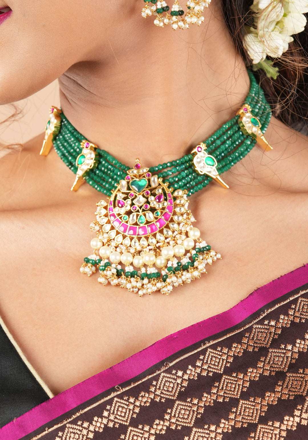Ahmedabadi Green Stone  Multistrand necklace set with peacock units  | Shobitam Jewelry
