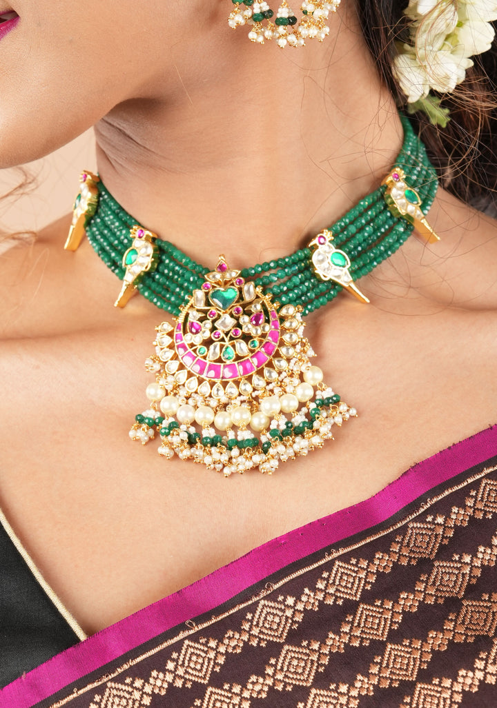 Ahmedabadi Green Stone  Multistrand necklace set with peacock units  | Shobitam Jewelry