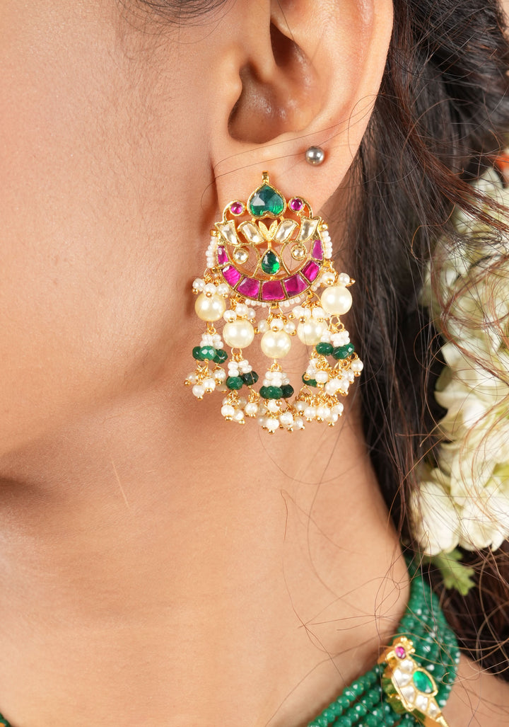 Ahmedabadi Green Stone  Multistrand necklace set with peacock units  | Shobitam Jewelry