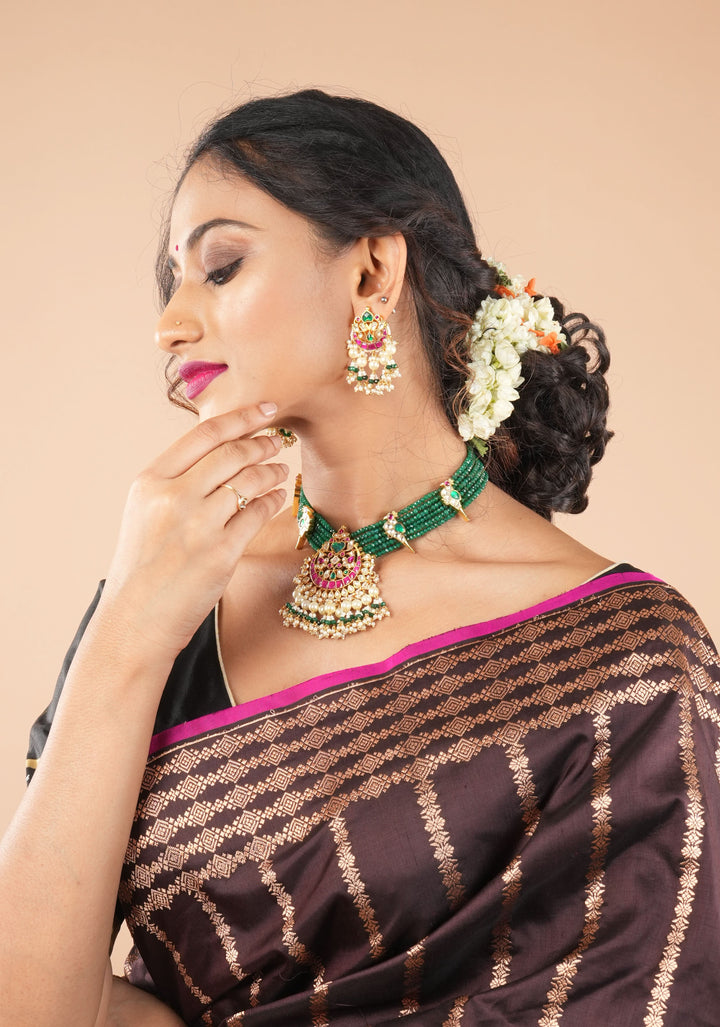 Ahmedabadi Green Stone  Multistrand necklace set with peacock units  | Shobitam Jewelry