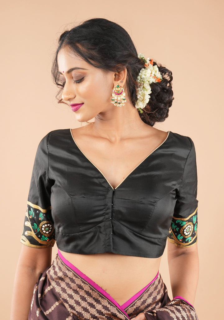 Tanjore Parrots - pure Silk blouse with Tanjore Style Hand painting, Color Customizable.