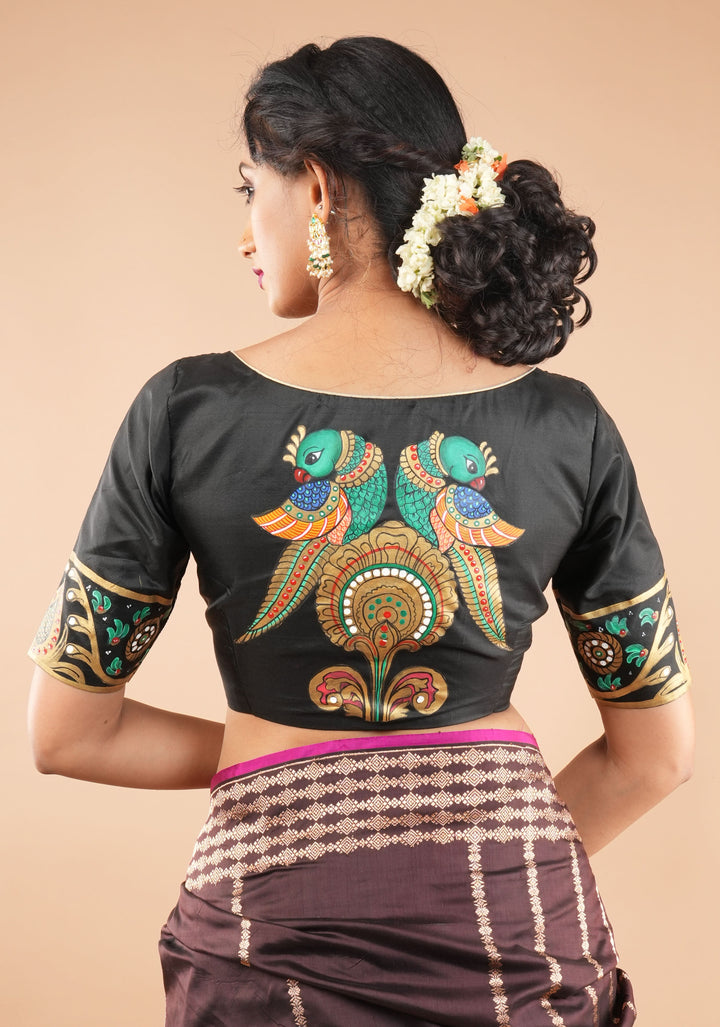 Tanjore Parrots - pure Silk blouse with Tanjore Style Hand painting, Color Customizable.