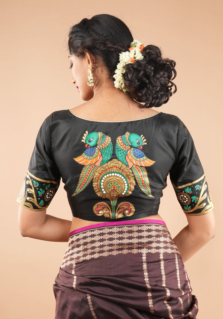 Tanjore Parrots - pure Silk blouse with Tanjore Style Hand painting, Color Customizable.