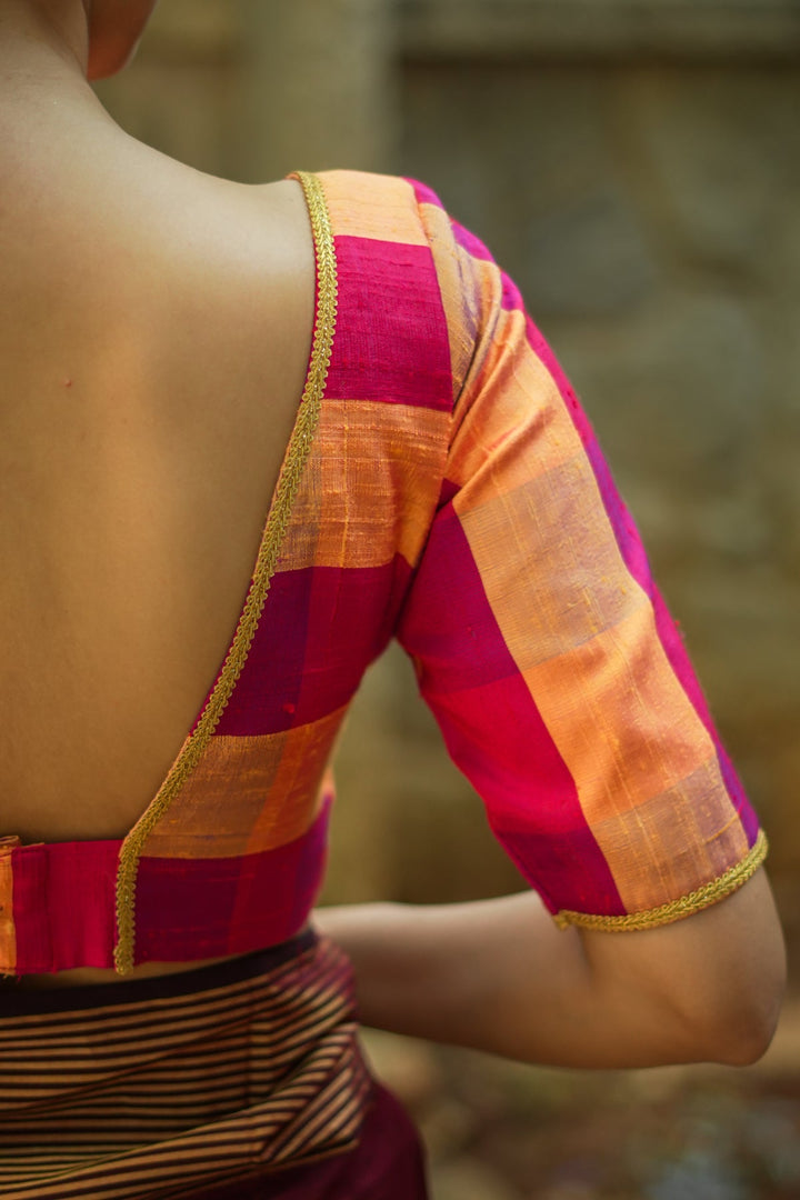 Orange reddish pink checked pure rawsilk boatneck blouse