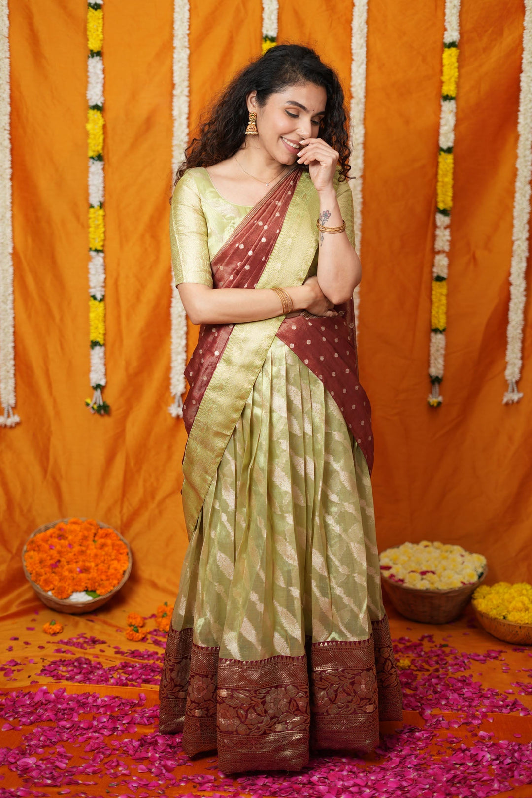 Aalaya Green with Maroon Banarasi Half Saree Set | SHOBITAM