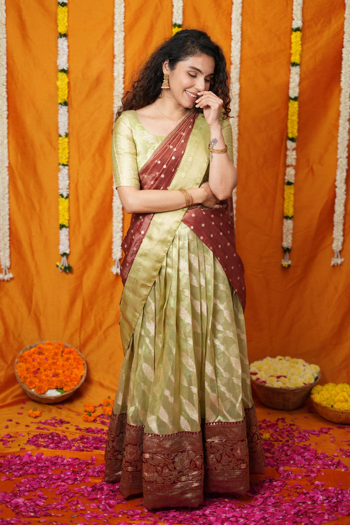 Aalaya Green with Maroon Banarasi Half Saree Set | SHOBITAM