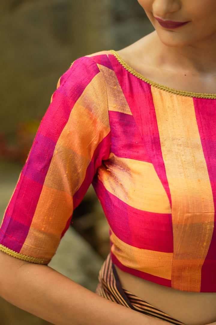 Orange reddish pink checked pure rawsilk boatneck blouse
