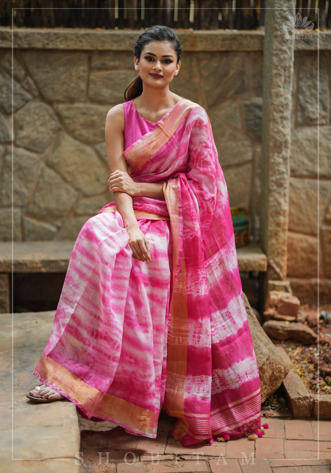 Handmade Shibori Dye Pure Linen by Linen Saree in Amaranth Pink and White with long tassels