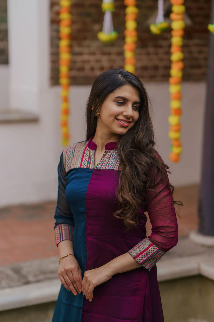 Wine and Navy Slit Kurti Bottom Not Included | Leggings not included | Made To Order