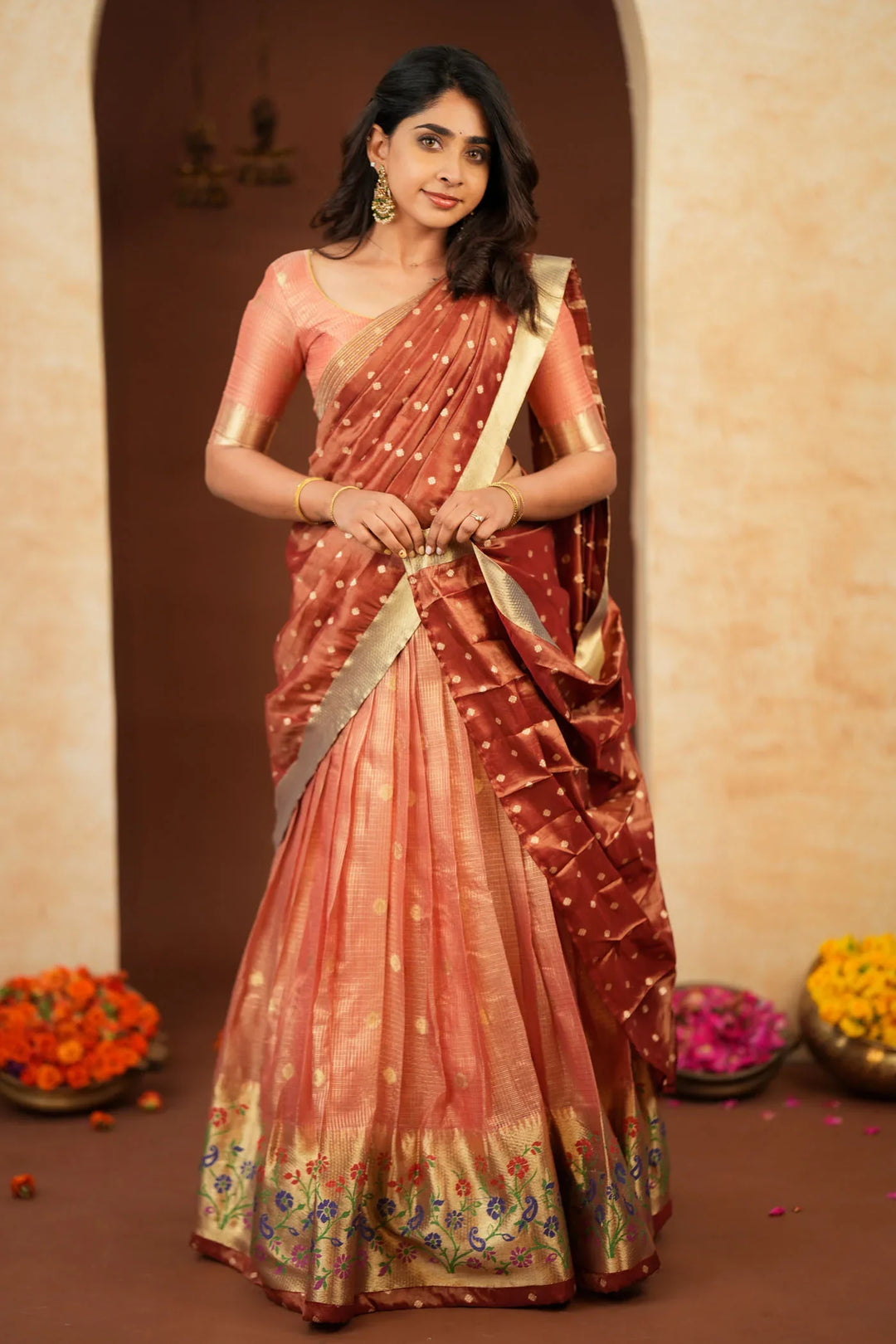 Gargi Peach Half Saree (Set of 3) | Made To Order