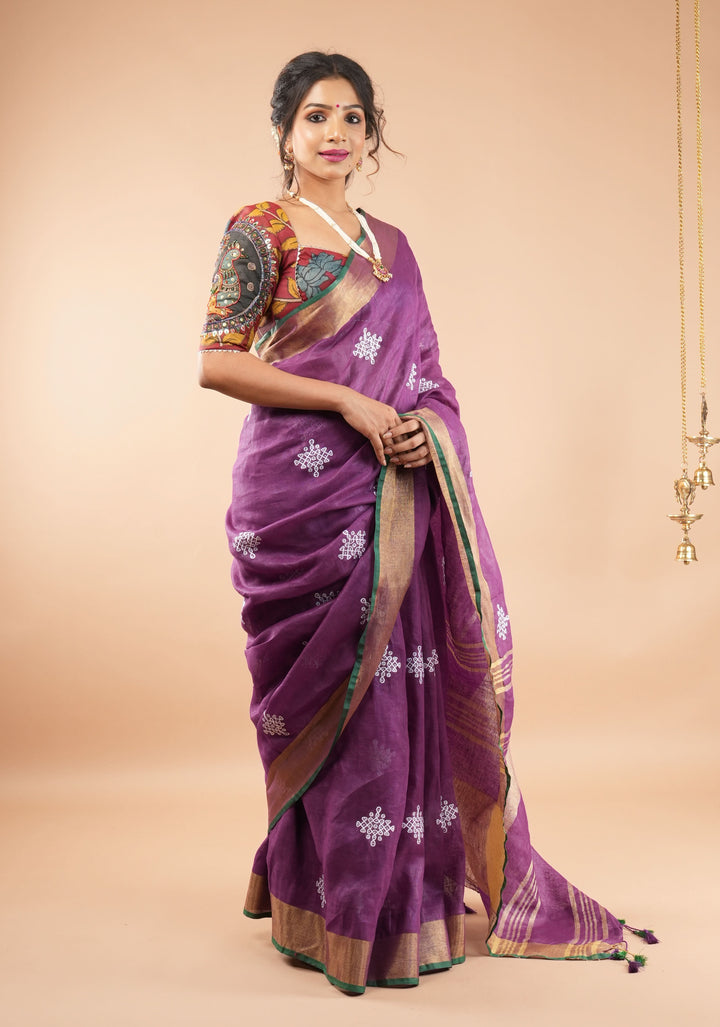 Pre order Kolam Design on Pure Linen by Linen Saree in Purple, Gold and Green