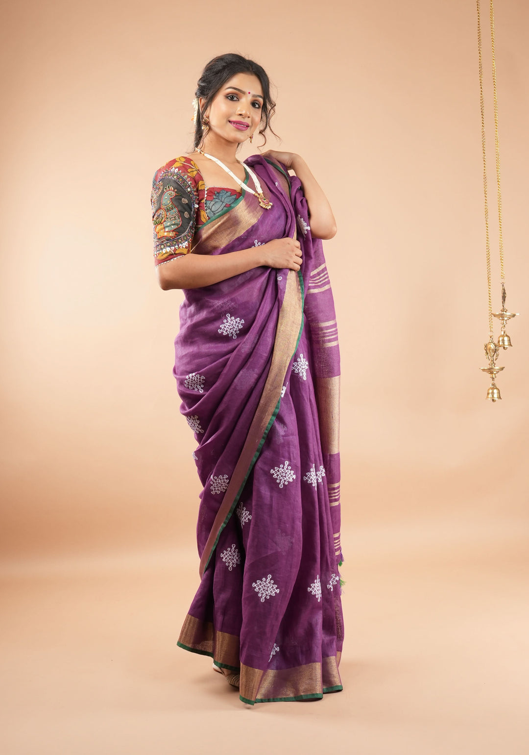 Pre order Kolam Design on Pure Linen by Linen Saree in Purple, Gold and Green