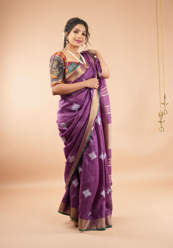 Pre order Kolam Design on Pure Linen by Linen Saree in Purple, Gold and Green