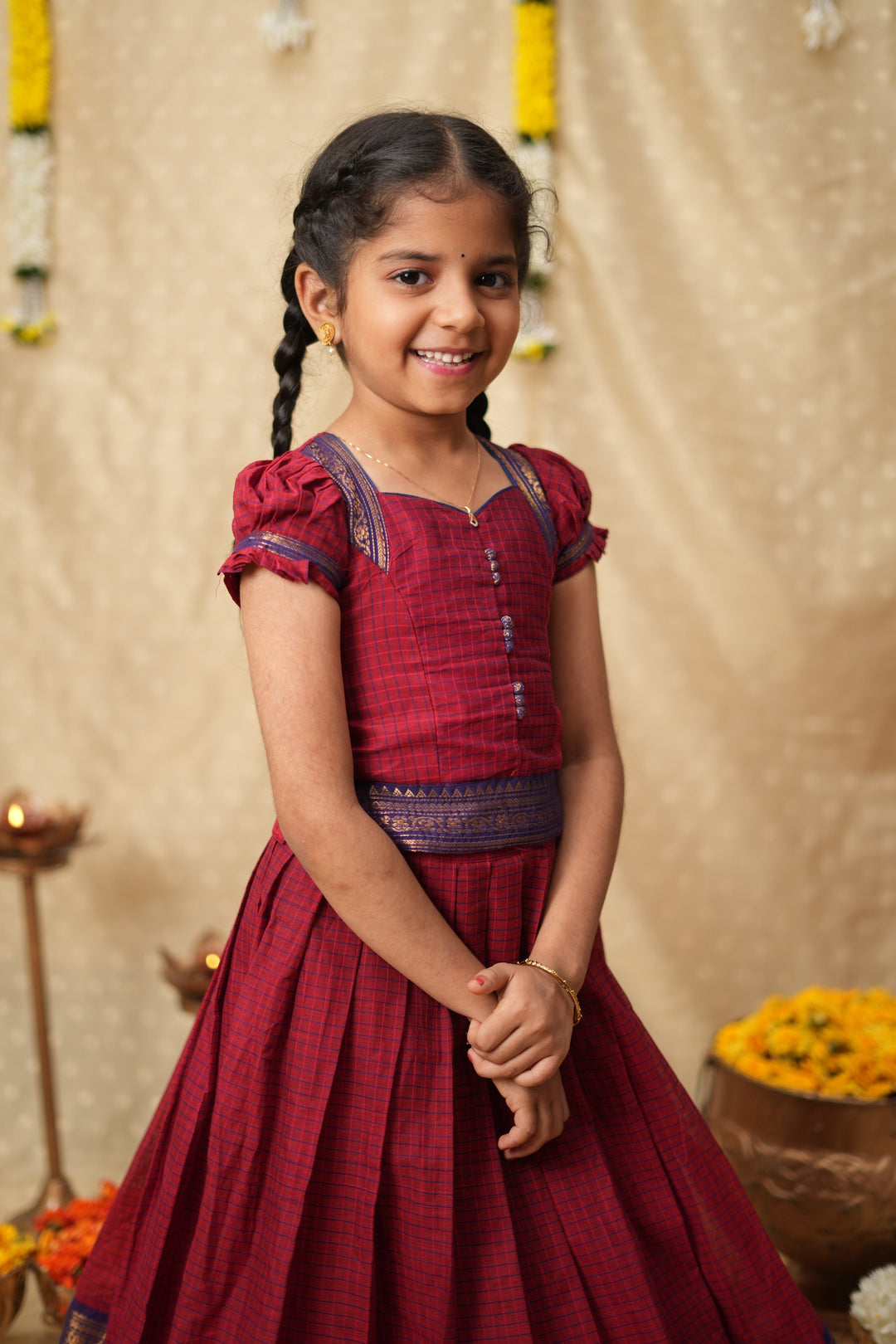 Esha Wine check Lehenga Mini (Set of 2)| Made To Order