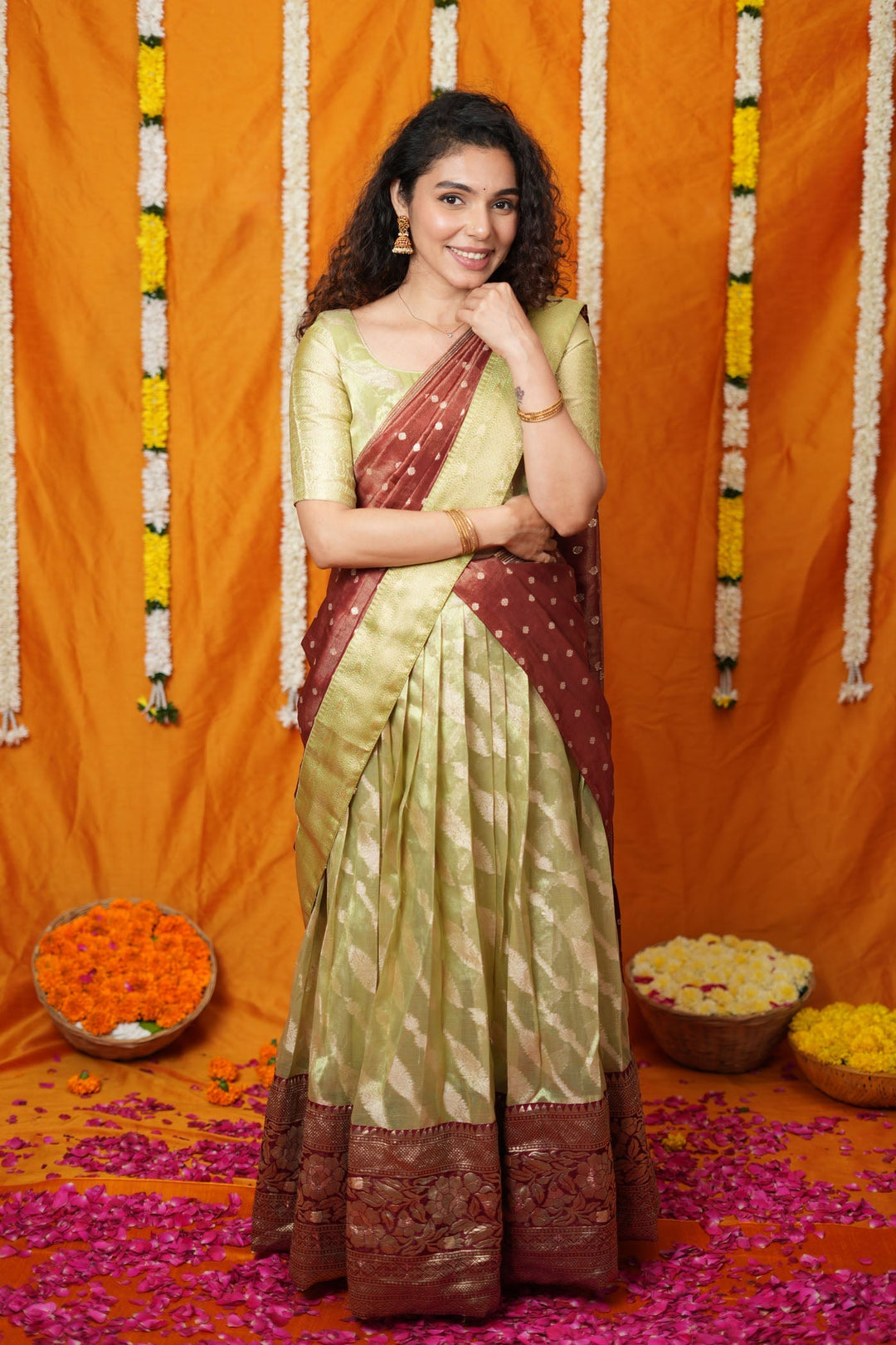 Aalaya Green with Maroon Banarasi Half Saree Set | SHOBITAM