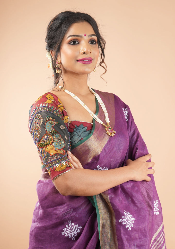 Pre order Kolam Design on Pure Linen by Linen Saree in Purple, Gold and Green