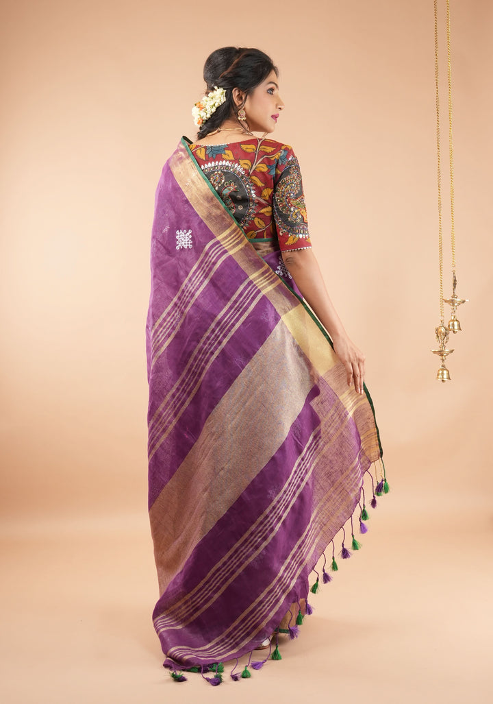 Pre order Kolam Design on Pure Linen by Linen Saree in Purple, Gold and Green