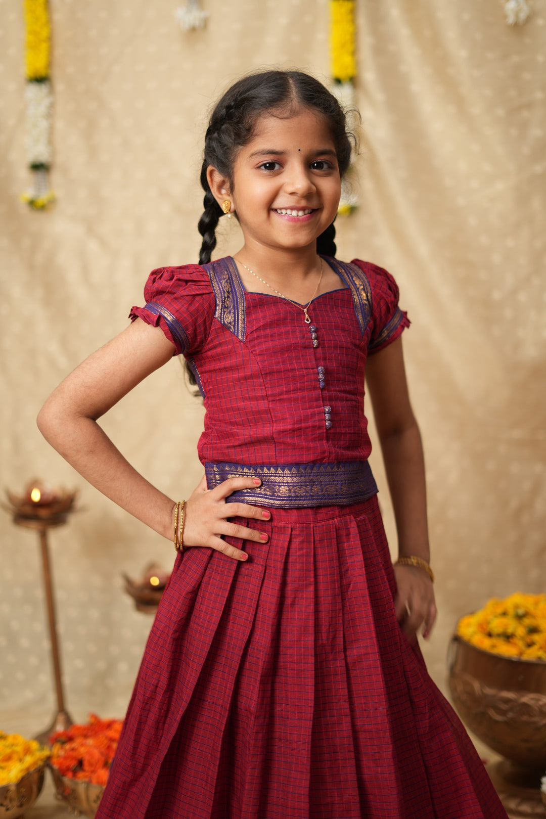 Esha Wine check Lehenga Mini (Set of 2)| Made To Order